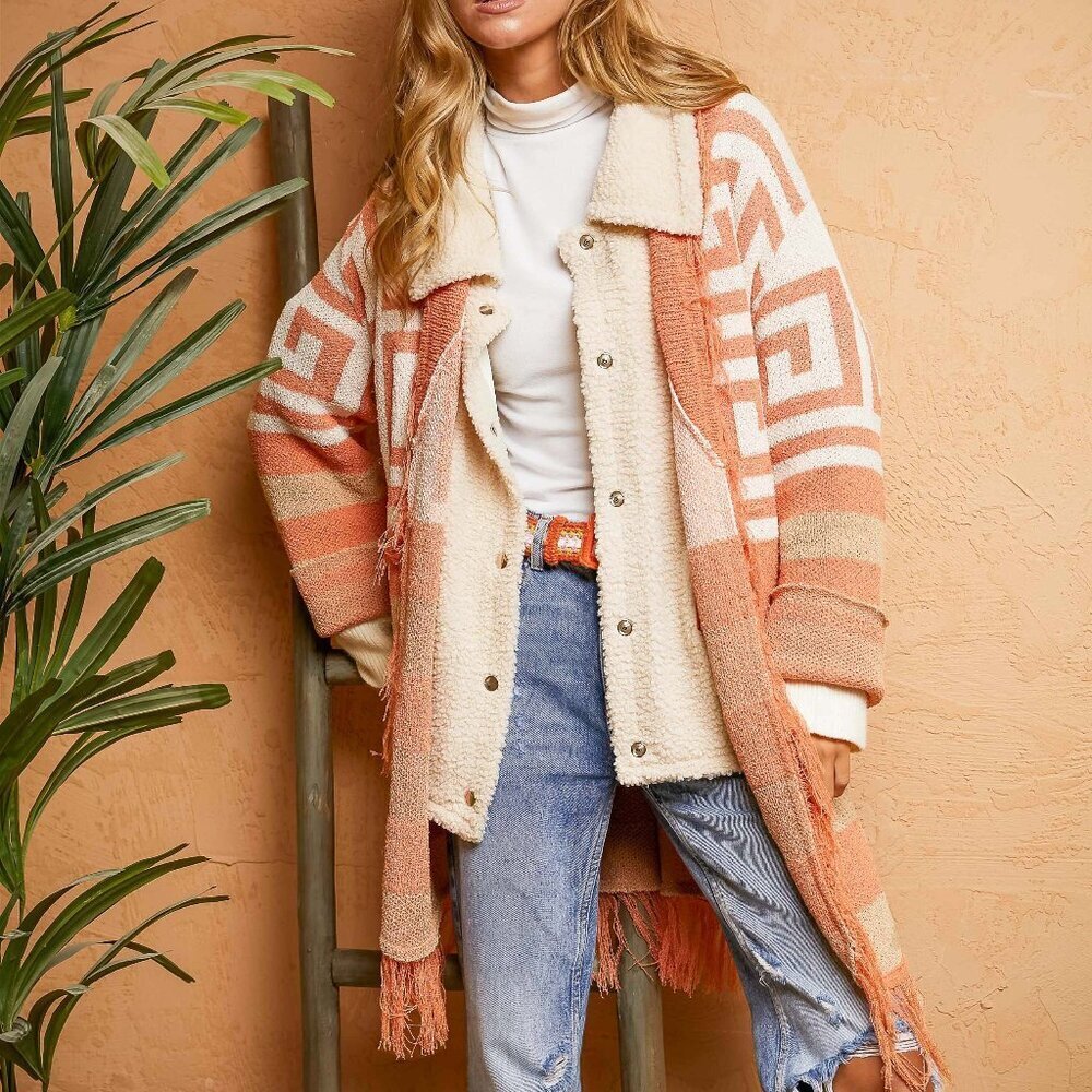 DAVI & DANI Boho Southwestern Fringe Cardigan | Rust Orange & beige Aztec Cardig